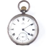 OMEGA - a silver-cased open-face top-wind pocket watch, white enamel dial with Roman numeral hour