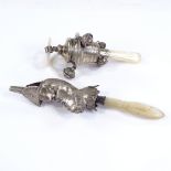 A silver and mother-of-pearl baby's rattle, and an 18th century French rattle/whistle in the form of