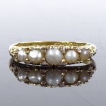 An 18ct gold 5-stone graduated split-pearl and diamond half-hoop ring, with scroll engraved bridge