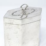 An Edwardian hexagonal silver tea caddy, with swing handle, by Thomas Bradbury & Sons, hallmarks