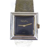 ROY KING - a sterling silver designer mechanical bangle wristwatch, black dial with square stepped