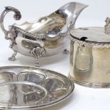 A silver mustard pot (no liner), silver sauce boat and a silver pin dish, 10.2oz total (3)