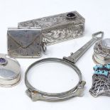 Various silverware, including stone set lipstick holder with flip mirror, postage stamp holder,