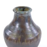Upchurch Pottery 1930s handmade vase with brown/grey drip glaze, height 17.5cm