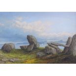 Attributed to Frank Bramley, oil on board, standing stones on the coast, unsigned, 8.5" x 12.5",