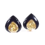 A pair of French 18ct gold citrine and onyx heart-shaped earrings, with clip and post fittings,