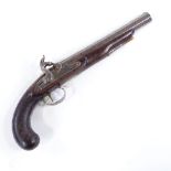 An early 19th century percussion pistol, lock marked Clarke & Son, carved walnut stock, length 35cm