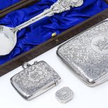 A floral engraved silver cigarette case, a Vesta, a vinaigrette, and a silver presentation slice (4)