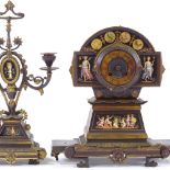 A 19th century gilt-bronze cased clock garniture, with painted porcelain panels depicting