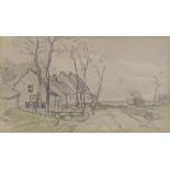 Henry Ranger, pencil and wash sketch, country lane, 4" x 7", framed