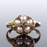 A Victorian 18ct gold split-pearl ruby and diamond cluster ring, setting height 9.8mm, size L, 2.6g