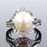 An unmarked white gold cultured pearl diamond cluster dress ring, setting height 14.6mm, size J, 5g