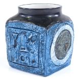Troika Pottery Marmalade pot, blue relief-moulded abstract sides with black glazed shoulders, height