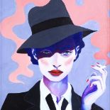 Alice Spiers, acrylic on board, woman smoking, 15.5" x 11.5", framed