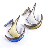 A pair of Norwegian sterling silver and coloured enamel Viking ship brooches, by Ivart Holth of