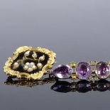 A Victorian unmarked yellow metal split-pearl diamond and black enamel mourning brooch, with foliate