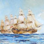 Leslie Wilcox, watercolour, warships at Trafalgar, signed, 20" x 29", framed