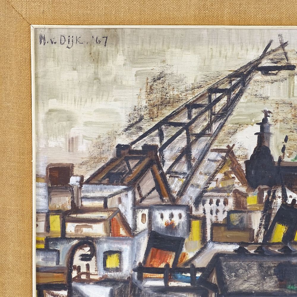 Mary Van Dijk, oil on board, abstract city scene, signed and dated 1967, 16" x 23", framed - Image 3 of 4