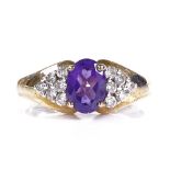 A 9ct gold amethyst and diamond cluster ring, setting height 7.4mm, size L, 4.1g