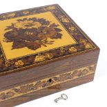 A Victorian Tunbridge Ware handkerchief box with floral micromosaic lid and key, width 18cm