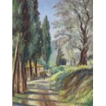 Pierre Bergeon (French born 1900), oil on board, a country lane, signed, 14" x 10", framed