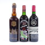 3 bottles of commemorative wine/beer, 50th Normandy Landings Claret, Eurotunnel Claret, and Chimay