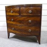 A George IV crossbanded mahogany bow-front chest of drawers, width 34.5", height 34.5"