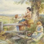 Myles Birket Foster (1825 - 1899), watercolour, woman and children at a stile, signed with monogram,