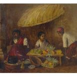 19th century Colonial School, oil on canvas, the fruit seller, unsigned, 11" x 14", framed