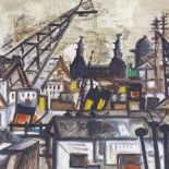 Mary Van Dijk, oil on board, abstract city scene, signed and dated 1967, 16" x 23", framed