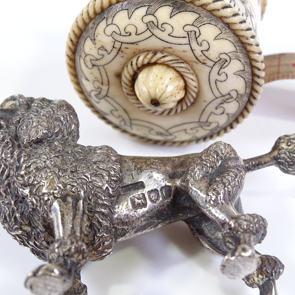 An Edwardian cast-silver Poodle design pin cushion (no cushion), length 6.5cm, and an engraved - Image 3 of 7