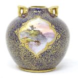 Robert Allen Studios for Royal Doulton, small globular vase with hand painted scene in blue and gold