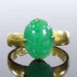 A Chinese 18ct gold green glass panel ring, panel height 13.3mm, size O, 4.8g