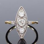 A 14ct gold Art Deco style diamond cluster marquise panel ring, central diamond approx 0.2ct,