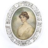 Watercolour circa 1900, portrait of a lady in ornate floral encrusted white glaze porcelain frame,