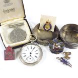 A mixed group of items, including nickel plate pocket watch, enamel badges, Second War Period
