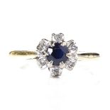 An 18ct gold sapphire and diamond cluster flowerhead ring, setting height 8.1mm, size N, 3.5g