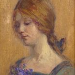 19th century oil on panel, pre-Raphaelite style portrait of a woman, signed with monogram, 8" x 6.