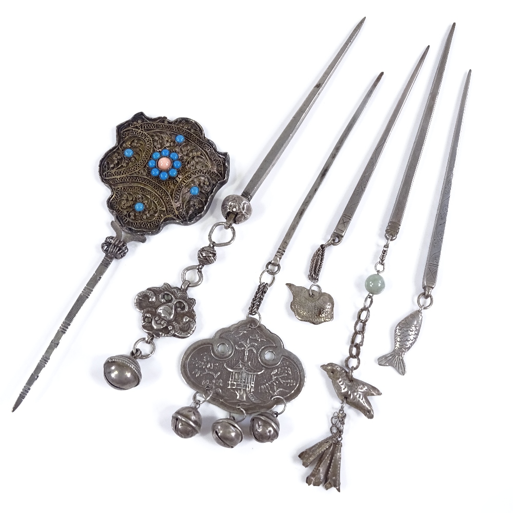 A group of Chinese white metal hair ornaments - Image 2 of 3