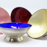 4 Danish sterling silver and coloured harlequin enamel salt dishes, by Volmer Bahner, diameter