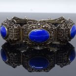 A Chinese silver filigree and lapis lazuli bracelet, maker's marks EPF, bracelet length 17cm, 42.9g