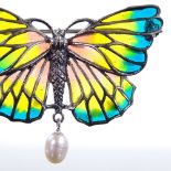 A sterling silver pearl and coloured glass butterfly brooch/pendant, wingspan 47.3mm, 7g