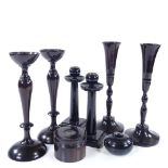 3 pairs of ebony candlesticks, largest height 27cm, and 2 small ebony pots