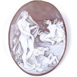 A relief carved cameo panel brooch/pendant, depicting Classical lady on shell with horses, in 18ct