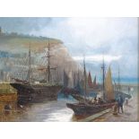 Walter Meegan (1859 - 1944), oil on canvas, boats in Scarborough Harbour, signed, 10" x 14", framed