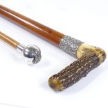 A horn and silver-handled Malacca walking cane, and an RAEC military swagger stick (2)