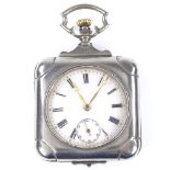 A square silver plated open-face top-wind pocket watch, white enamel dial with Roman numeral hour