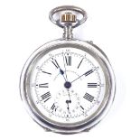 A Continental silver open-face top-wind chronograph pocket watch, white dial with Roman numeral hour
