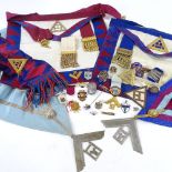 A collection of Masonic regalia, including several 9ct gold and enamel jewels (50g total)