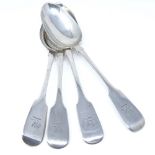 A set of 4 William IV silver Fiddle pattern dinner spoons, with engraved bird emblem, by John, Henry
